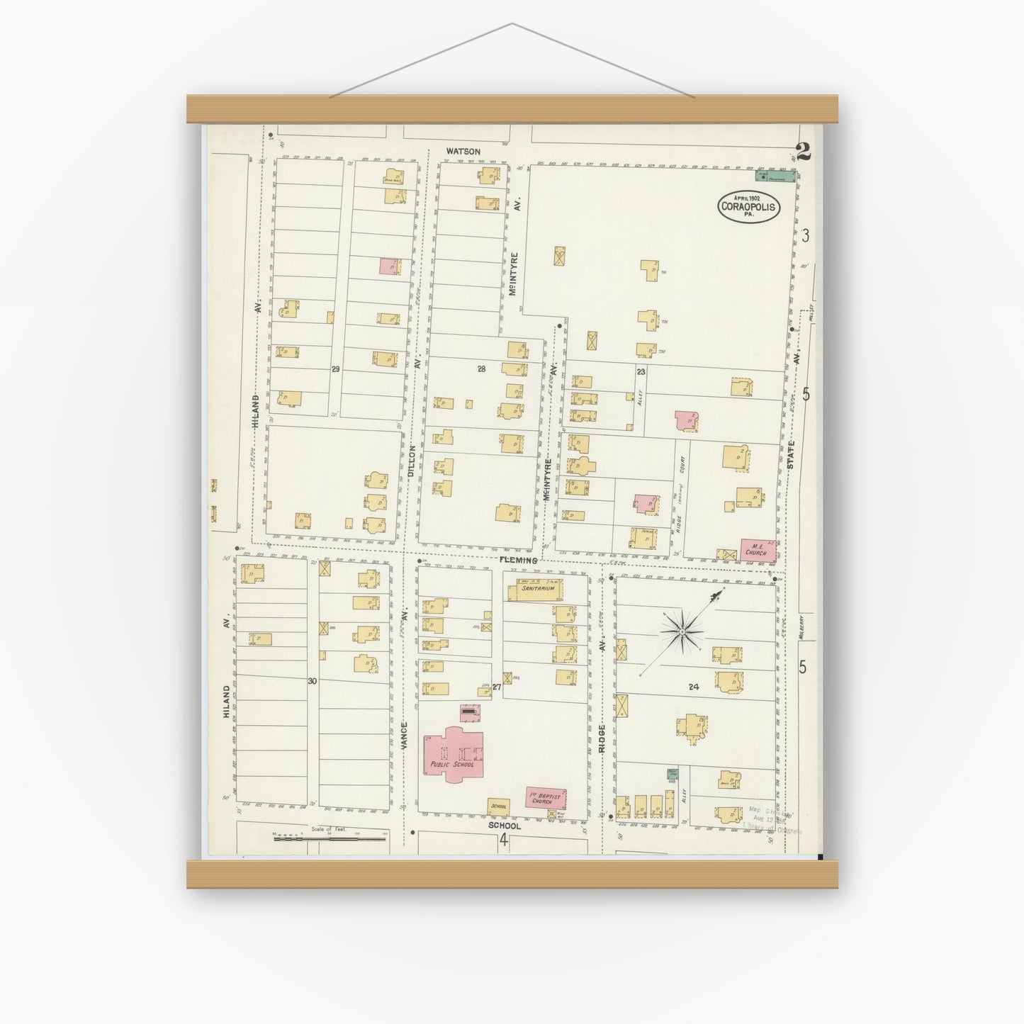 Old map wall art mockup — magnetic wood frame on white wall — Sanborn Fire Insurance Map from Coraopolis, Allegheny County, Pennsylvania (1902), Sheet #0002