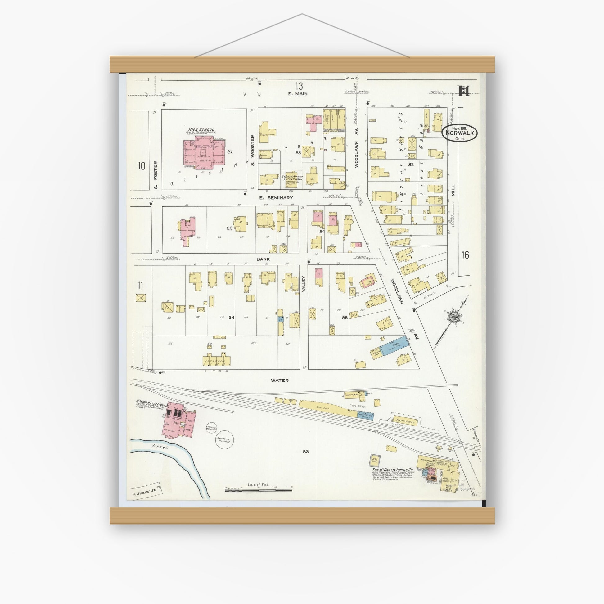 Old map wall art mockup — magnetic wood frame on white wall — Sanborn Fire Insurance Map from Norwalk, Huron County, Ohio (1911), Sheet #0014