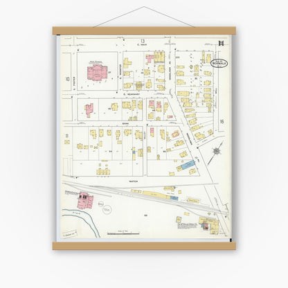 Old map wall art mockup — magnetic wood frame on white wall — Sanborn Fire Insurance Map from Norwalk, Huron County, Ohio (1911), Sheet #0014