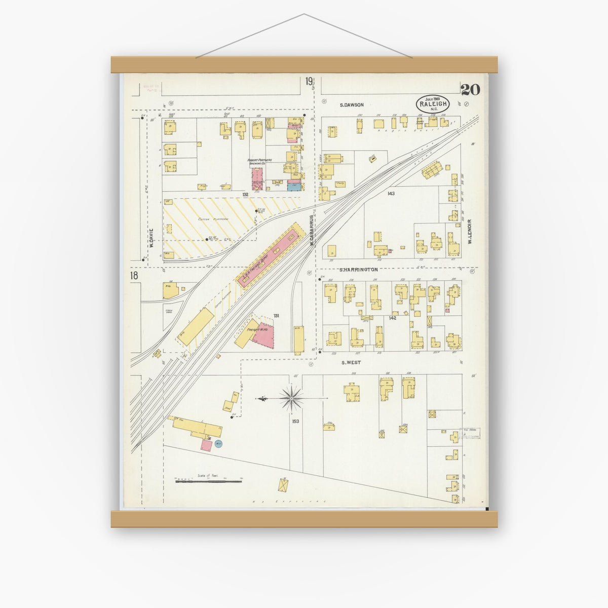 Old map wall art mockup — magnetic wood frame on white wall — Sanborn Fire Insurance Map from Raleigh, Wake County, North Carolina (1903), Sheet #0020