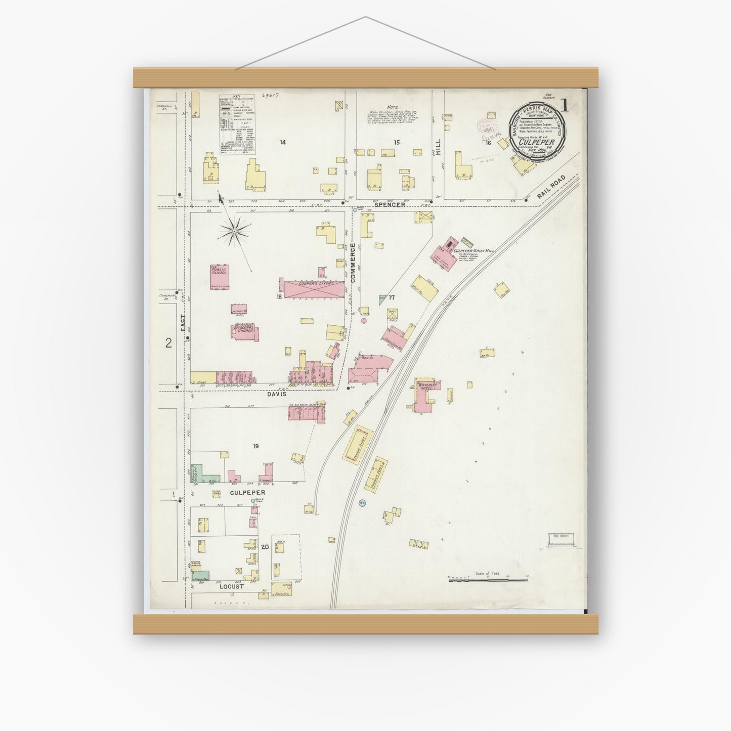 Old map wall art mockup — magnetic wood frame on white wall — Sanborn Fire Insurance Map from Culpeper, Culpeper County, Virginia (1896) - Complete Map Set