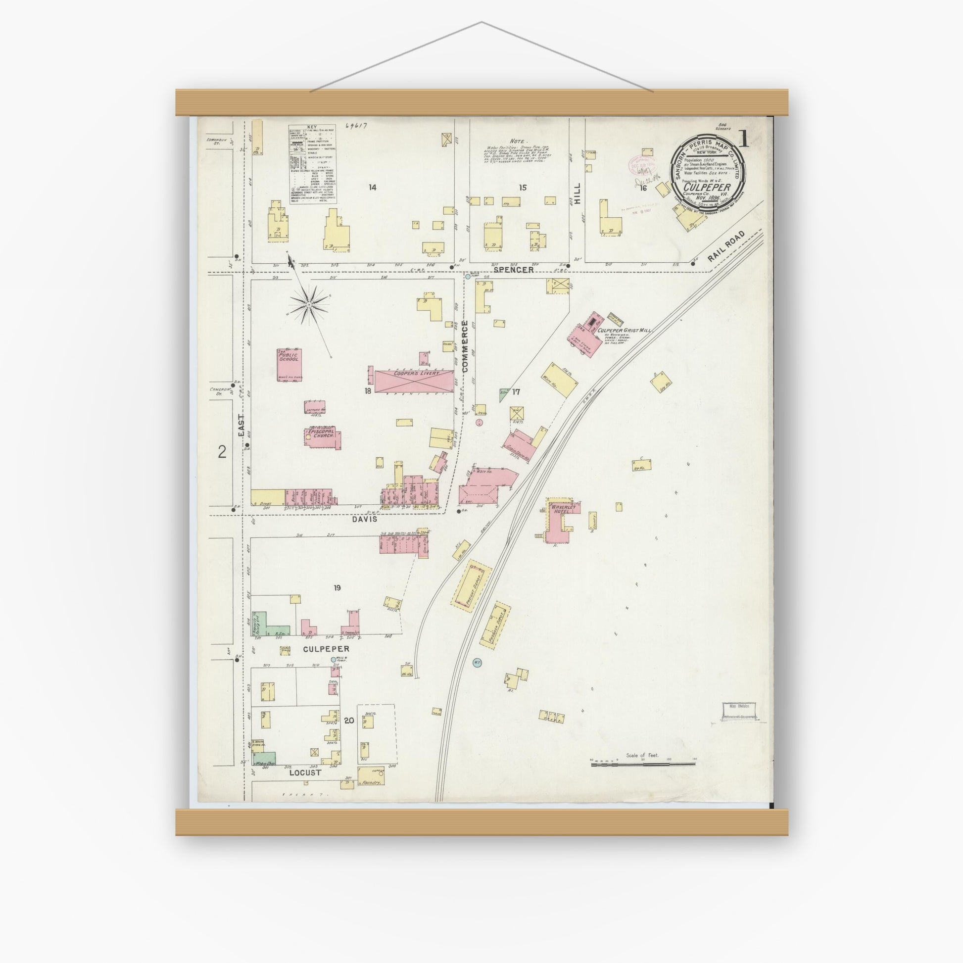 Old map wall art mockup — magnetic wood frame on white wall — Sanborn Fire Insurance Map from Culpeper, Culpeper County, Virginia (1896) - Complete Map Set