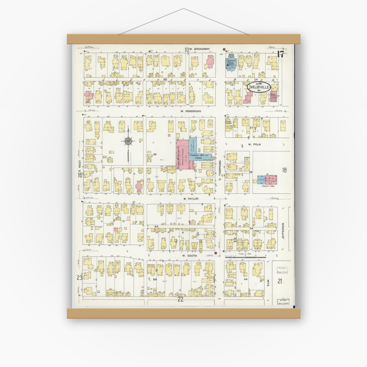 Old map wall art mockup — magnetic wood frame on white wall — Sanborn Fire Insurance Map from Shelbyville, Shelby County, Indiana (1910), Sheet #0017