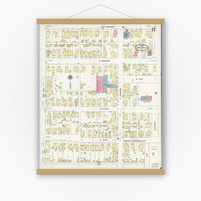 Old map wall art mockup — magnetic wood frame on white wall — Sanborn Fire Insurance Map from Shelbyville, Shelby County, Indiana (1910), Sheet #0017