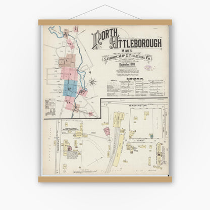 Old map wall art mockup — magnetic wood frame on white wall — Sanborn Fire Insurance Map from North Attleborough, Bristol County, Massachusetts (1885), Sheet #0001