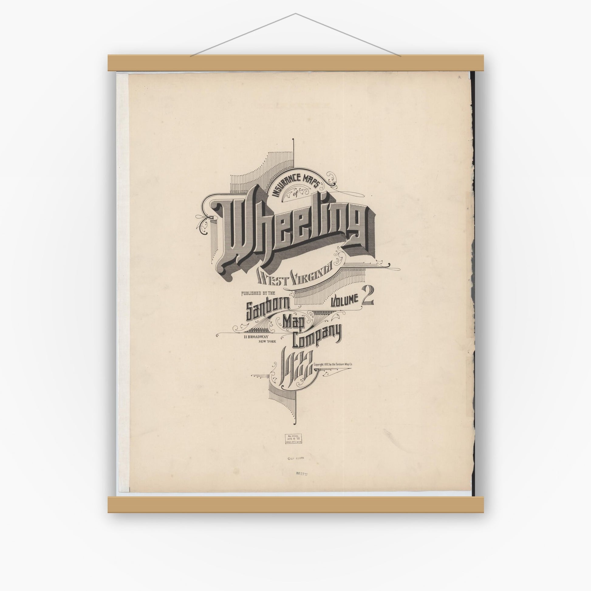 Old map wall art mockup — magnetic wood frame on white wall — Sanborn Fire Insurance Map from Wheeling, Ohio County, West Virginia (1922), Sheet #0001
