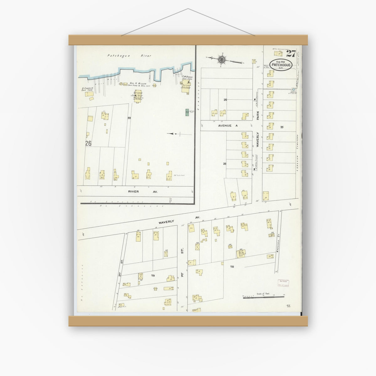 Old map wall art mockup — magnetic wood frame on white wall — Sanborn Fire Insurance Map from Patchogue, Suffolk County, New York (1910), Sheet #0027