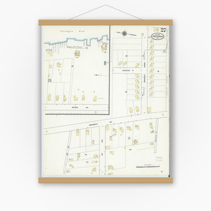 Old map wall art mockup — magnetic wood frame on white wall — Sanborn Fire Insurance Map from Patchogue, Suffolk County, New York (1910), Sheet #0027