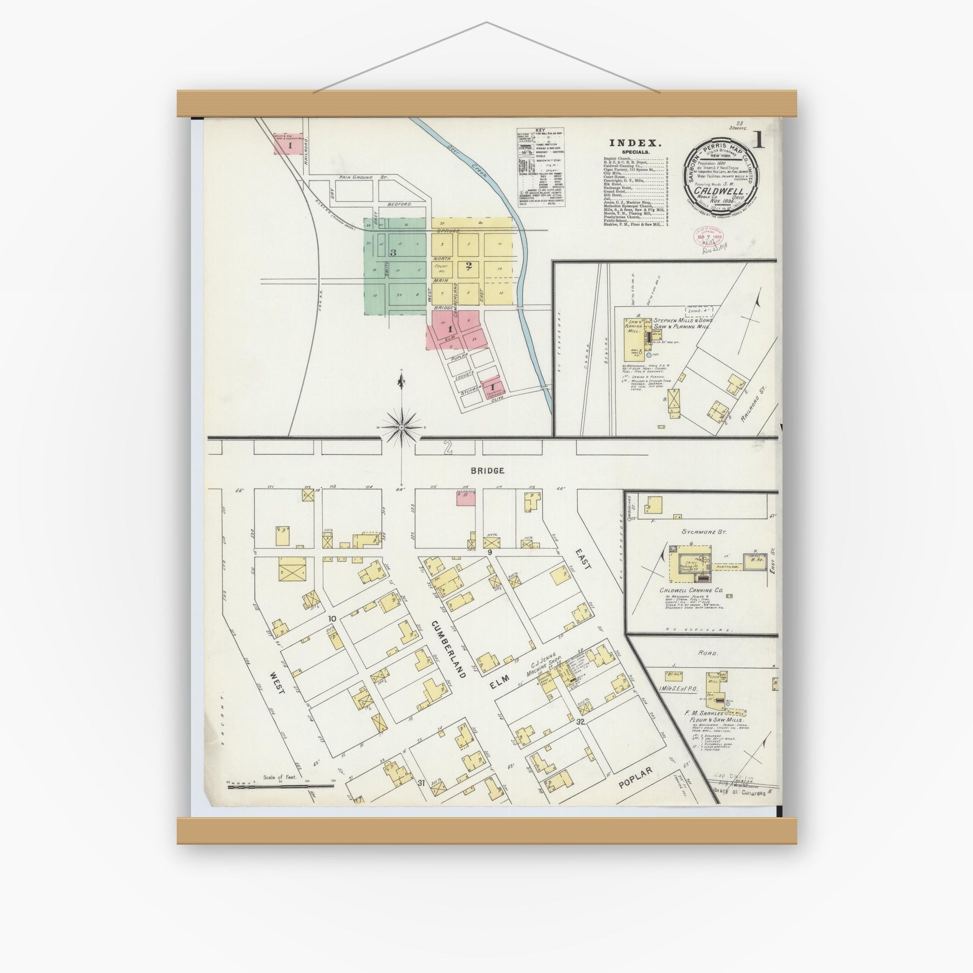 Old map wall art mockup — magnetic wood frame on white wall — Sanborn Fire Insurance Map from Caldwell, Noble County, Ohio (1895) - Complete Map Set