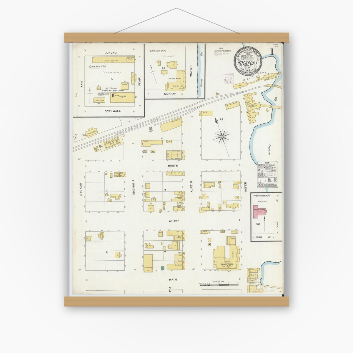 Old map wall art mockup — magnetic wood frame on white wall — Sanborn Fire Insurance Map from Rockport, Aransas County, Texas (1906) - Complete Map Set