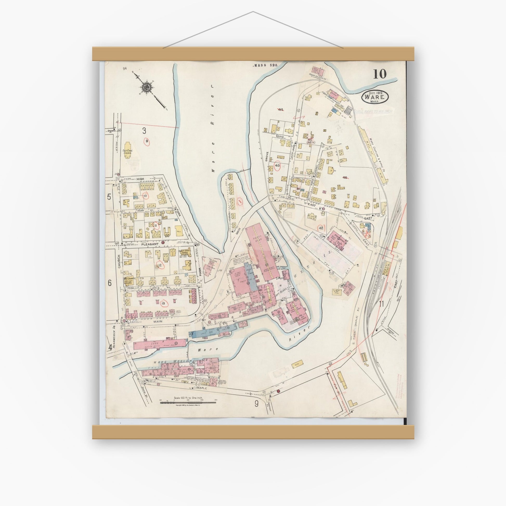 Old map wall art mockup — magnetic wood frame on white wall — Sanborn Fire Insurance Map from Ware, Hampshire County, Massachusetts (1946), Sheet #0010