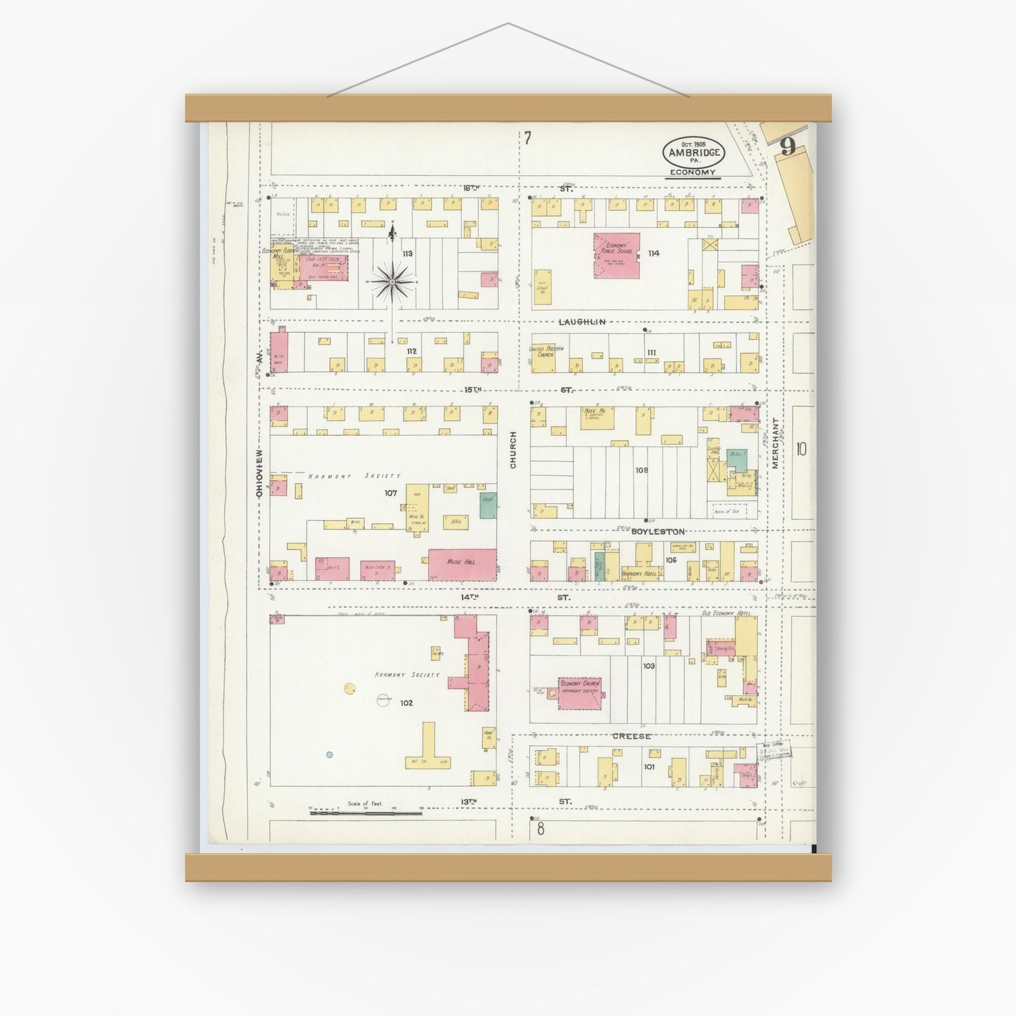 Old map wall art mockup — magnetic wood frame on white wall — Sanborn Fire Insurance Map from Ambridge, Beaver County, Pennsylvania (1905), Sheet #0009
