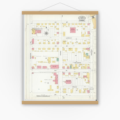 Old map wall art mockup — magnetic wood frame on white wall — Sanborn Fire Insurance Map from Ambridge, Beaver County, Pennsylvania (1905), Sheet #0009