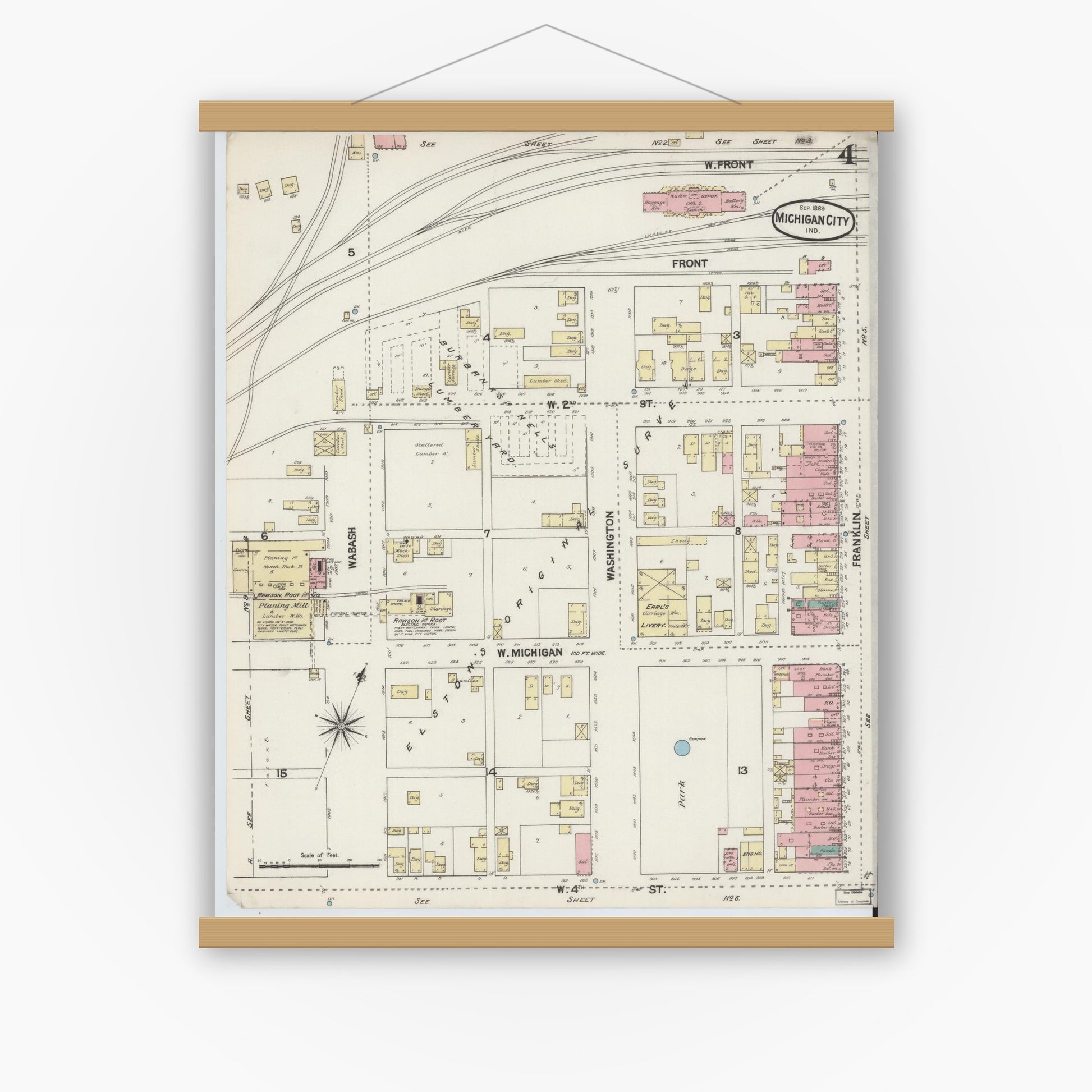 Old map wall art mockup — magnetic wood frame on white wall — Sanborn Fire Insurance Map from Michigan City, La Porte County, Indiana (1889), Sheet #0004