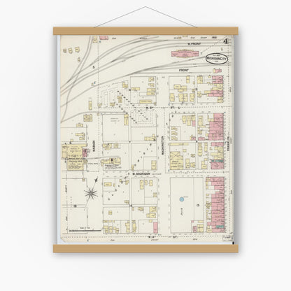 Old map wall art mockup — magnetic wood frame on white wall — Sanborn Fire Insurance Map from Michigan City, La Porte County, Indiana (1889), Sheet #0004