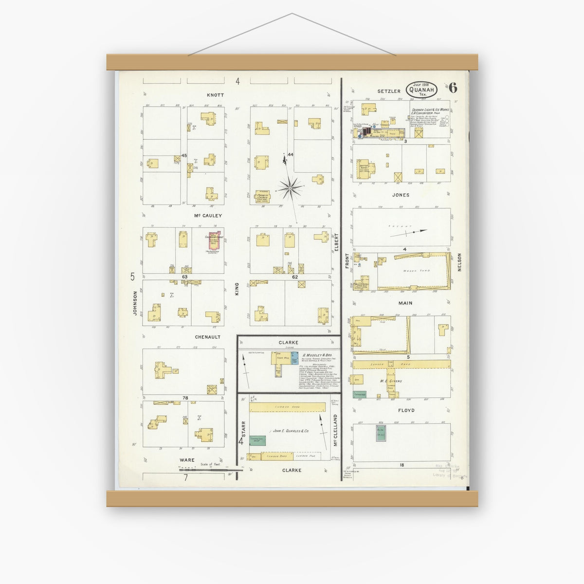 Old map wall art mockup — magnetic wood frame on white wall — Sanborn Fire Insurance Map from Quanah, Hardeman County, Texas (1908), Sheet #0006