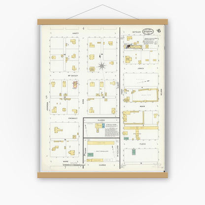 Old map wall art mockup — magnetic wood frame on white wall — Sanborn Fire Insurance Map from Quanah, Hardeman County, Texas (1908), Sheet #0006