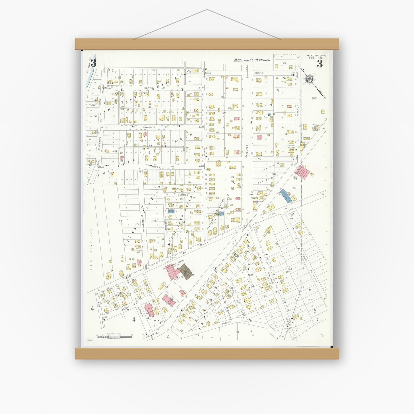 Old map wall art mockup — magnetic wood frame on white wall — Sanborn Fire Insurance Map from Milford, Clermont And Hamilton County, Ohio (1933), Sheet #0003