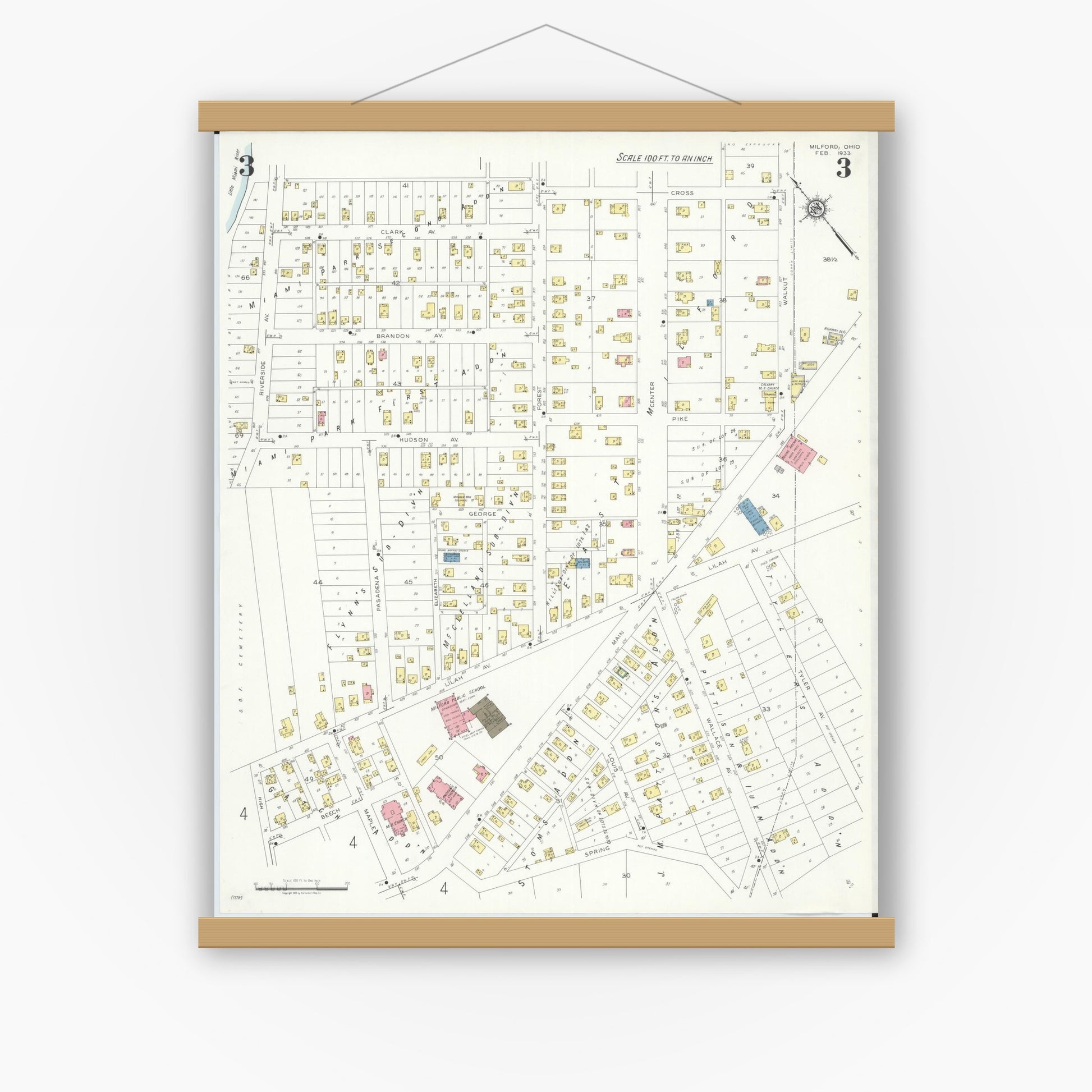 Old map wall art mockup — magnetic wood frame on white wall — Sanborn Fire Insurance Map from Milford, Clermont And Hamilton County, Ohio (1933), Sheet #0003