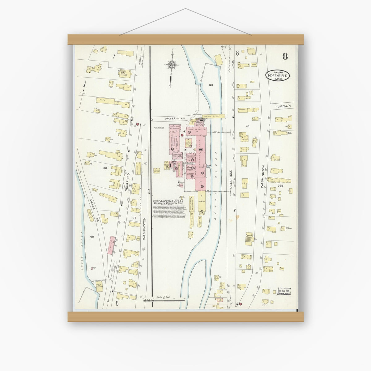 Old map wall art mockup — magnetic wood frame on white wall — Sanborn Fire Insurance Map from Greenfield, Franklin County, Massachusetts (1914), Sheet #0008