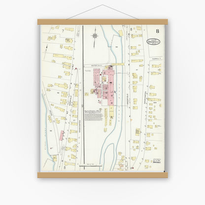 Old map wall art mockup — magnetic wood frame on white wall — Sanborn Fire Insurance Map from Greenfield, Franklin County, Massachusetts (1914), Sheet #0008