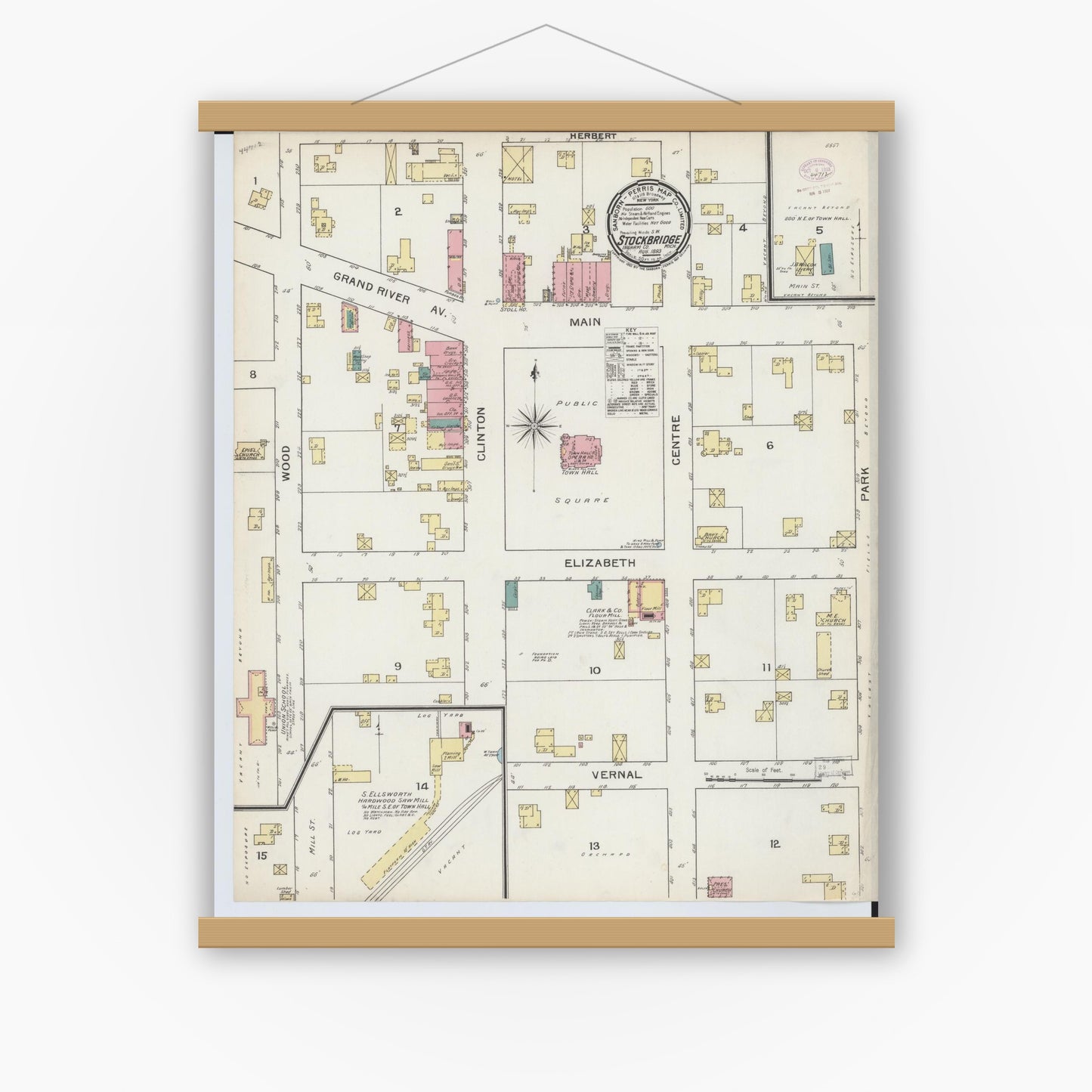 Old map wall art mockup — magnetic wood frame on white wall — Sanborn Fire Insurance Map from Stockbridge, Ingham County, Michigan (1893), Sheet #0001