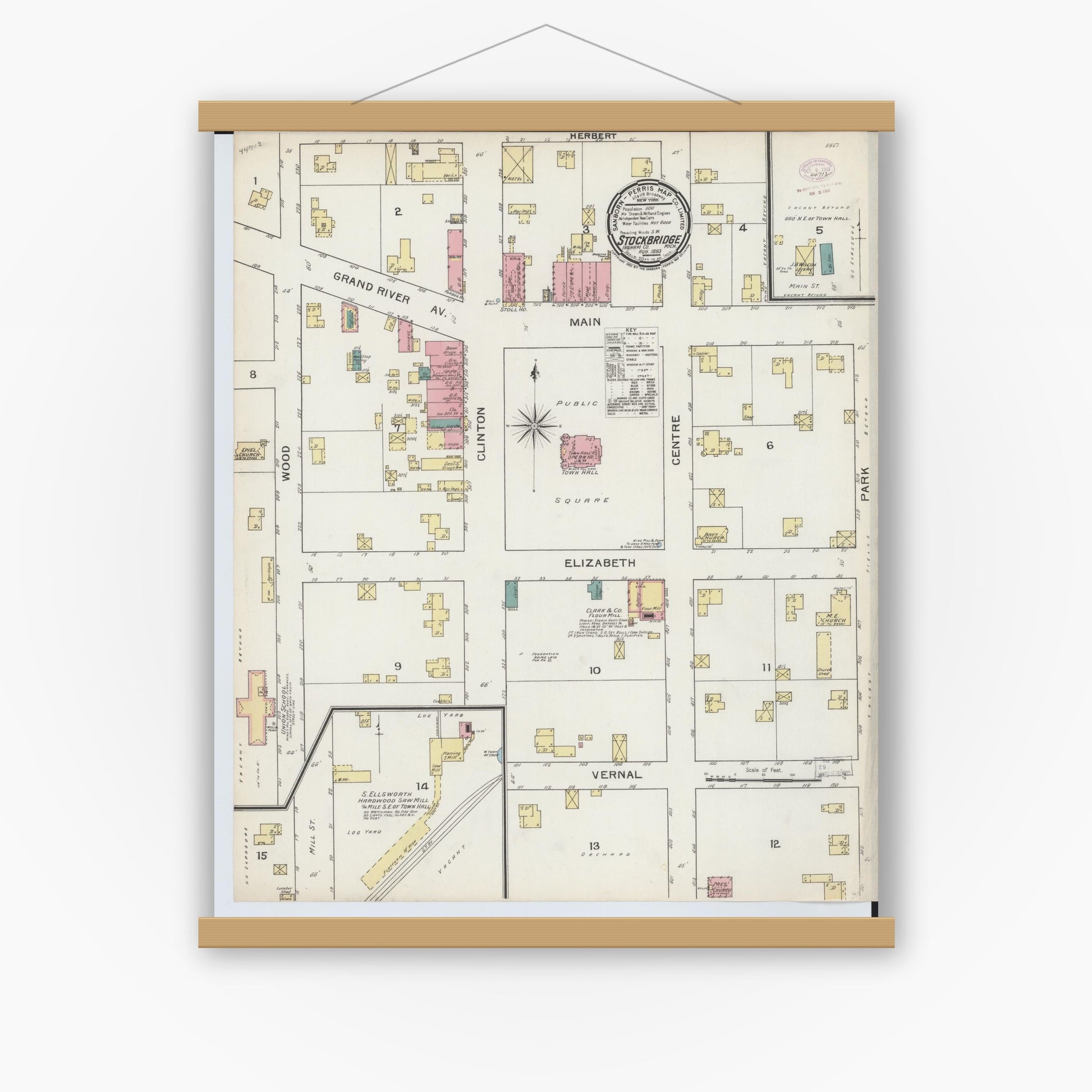 Old map wall art mockup — magnetic wood frame on white wall — Sanborn Fire Insurance Map from Stockbridge, Ingham County, Michigan (1893), Sheet #0001