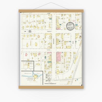 Old map wall art mockup — magnetic wood frame on white wall — Sanborn Fire Insurance Map from Oxford Junction, Jones County, Iowa (1895), Sheet #0001