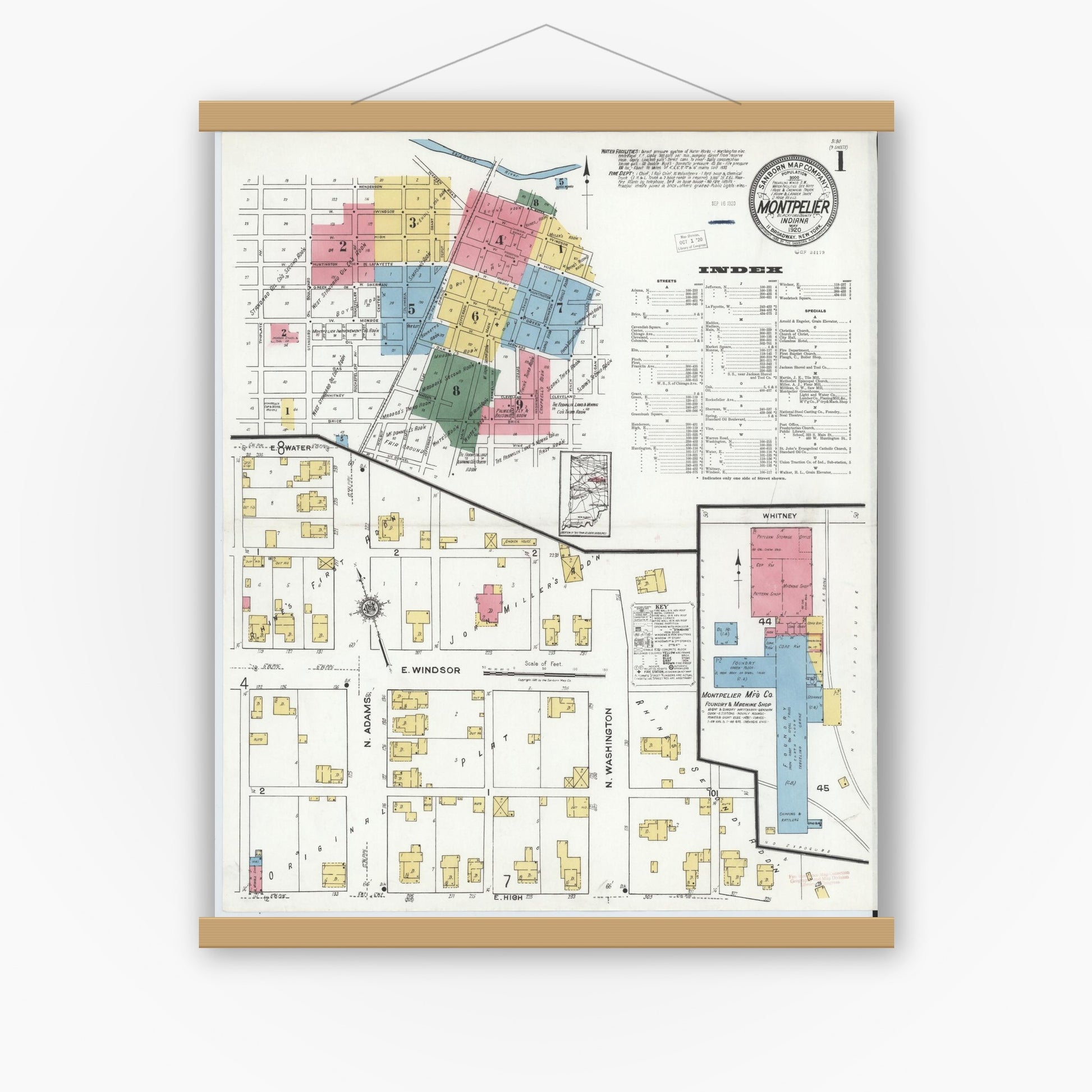 Old map wall art mockup — magnetic wood frame on white wall — Sanborn Fire Insurance Map from Montpelier, Blackford County, Indiana (1920) - Complete Map Set
