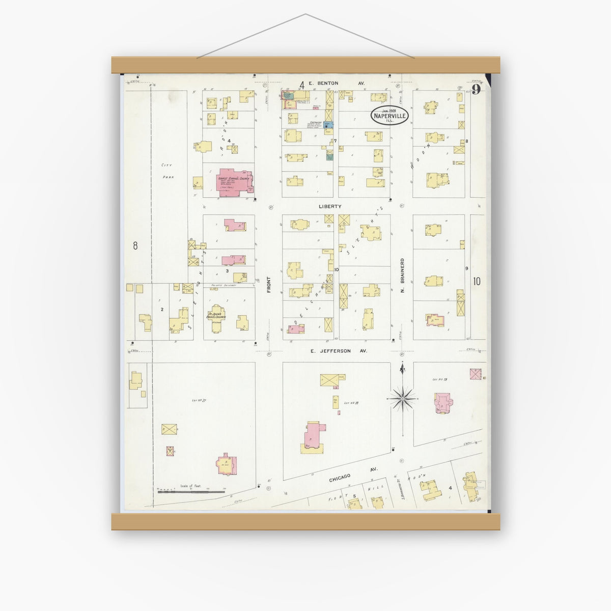 Old map wall art mockup — magnetic wood frame on white wall — Sanborn Fire Insurance Map from Naperville, Du Page County, Illinois (1909), Sheet #0009
