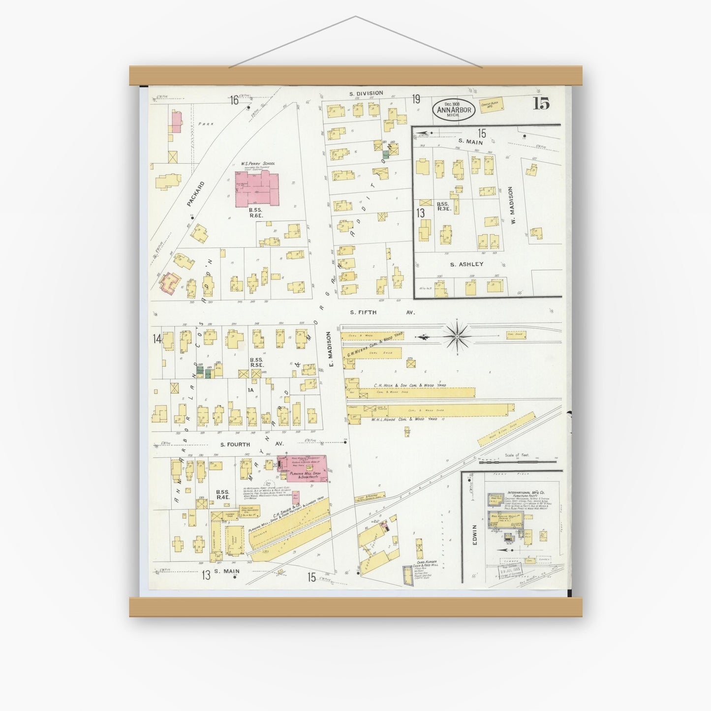 Old map wall art mockup — magnetic wood frame on white wall — Sanborn Fire Insurance Map from Ann Arbor, Washtenaw County, Michigan (1908), Sheet #0015