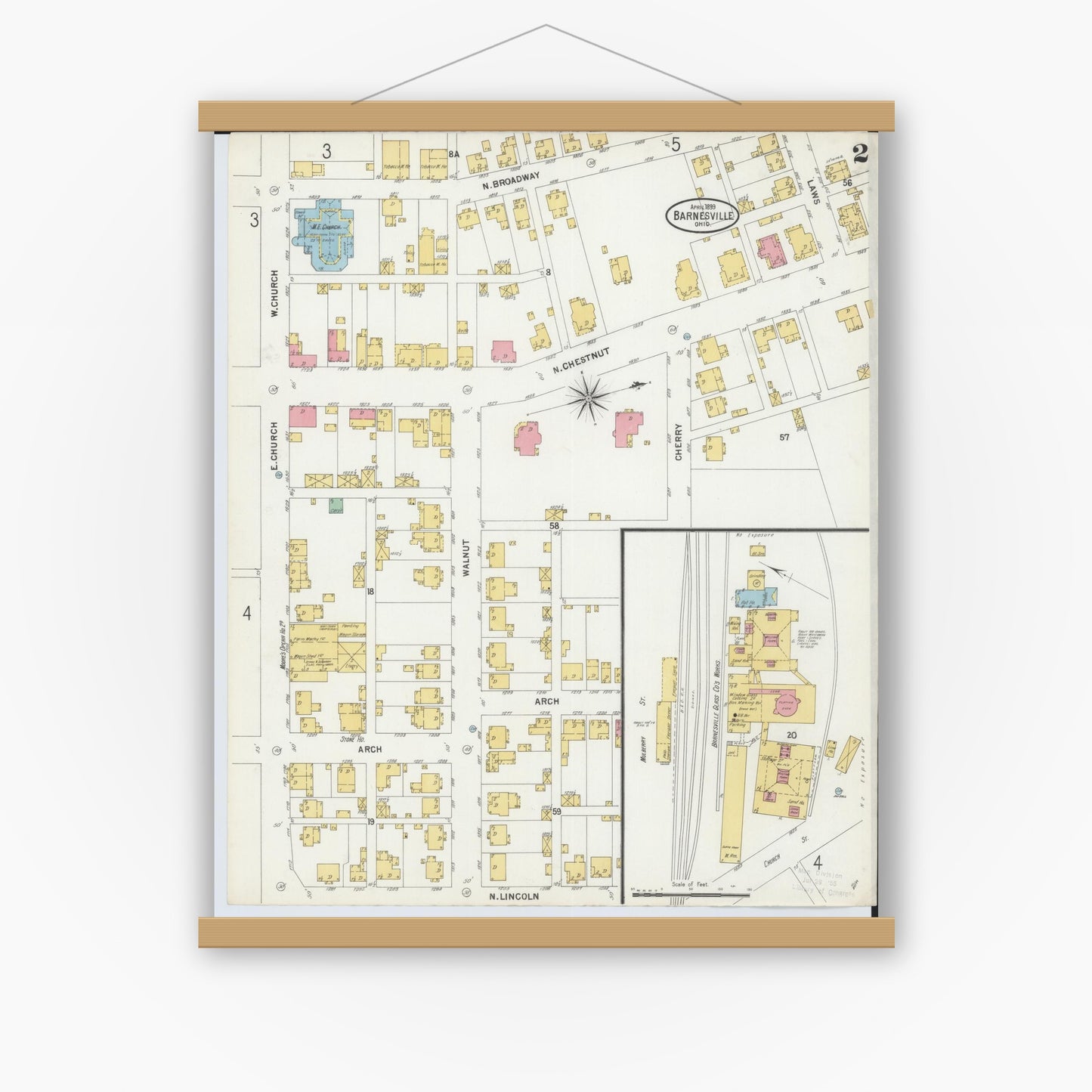 Old map wall art mockup — magnetic wood frame on white wall — Sanborn Fire Insurance Map from Barnesville, Belmont County, Ohio (1899), Sheet #0002