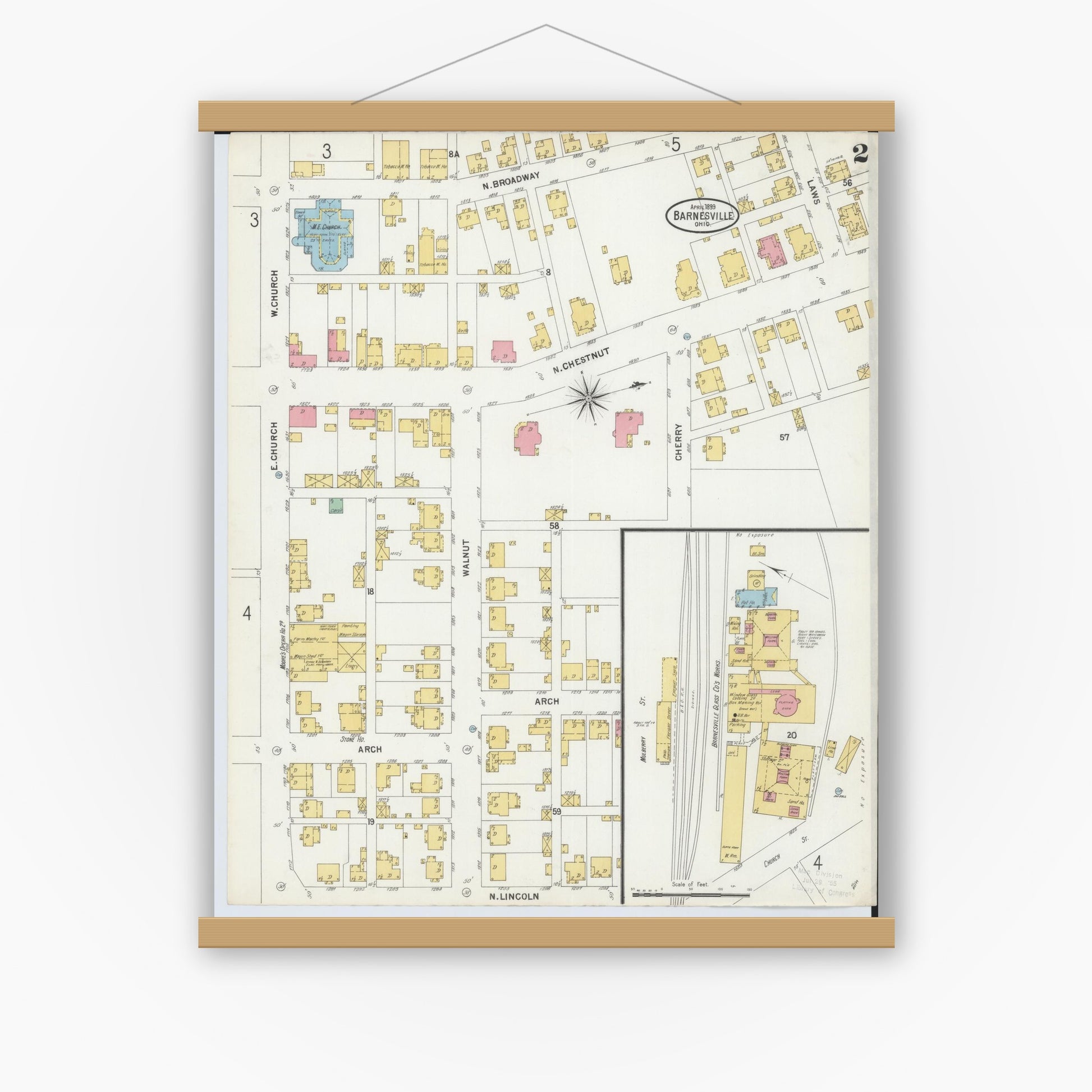 Old map wall art mockup — magnetic wood frame on white wall — Sanborn Fire Insurance Map from Barnesville, Belmont County, Ohio (1899), Sheet #0002