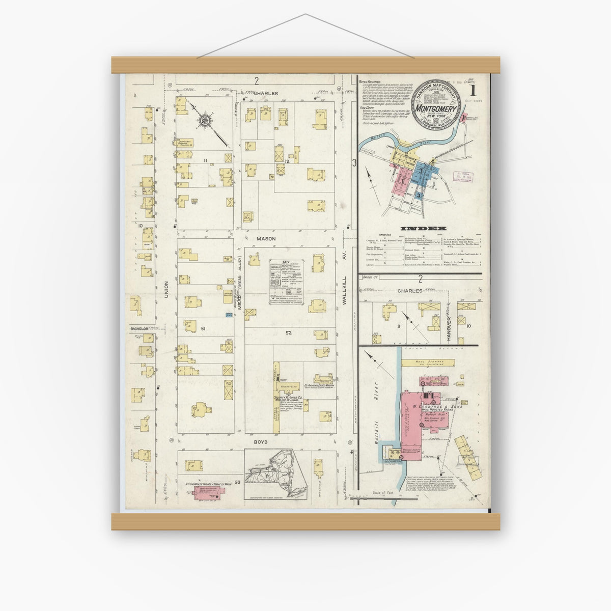 Old map wall art mockup — magnetic wood frame on white wall — Sanborn Fire Insurance Map from Montgomery, Orange County, New York (1913) - Complete Map Set