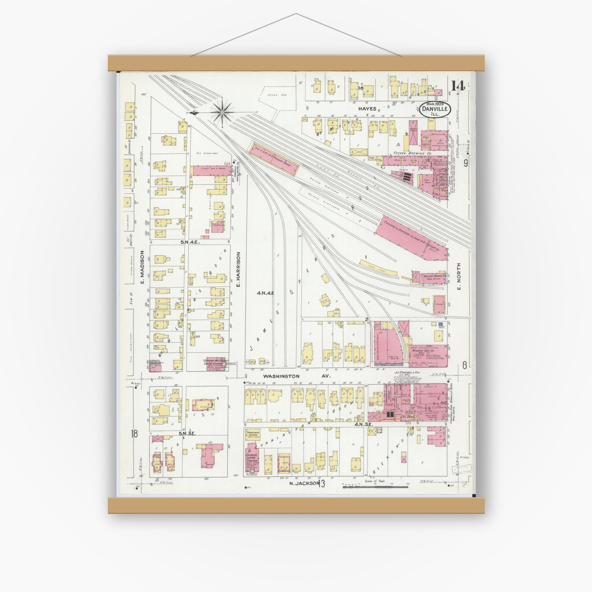 Old map wall art mockup — magnetic wood frame on white wall — Sanborn Fire Insurance Map from Danville, Vermilion County, Illinois (1909), Sheet #0014