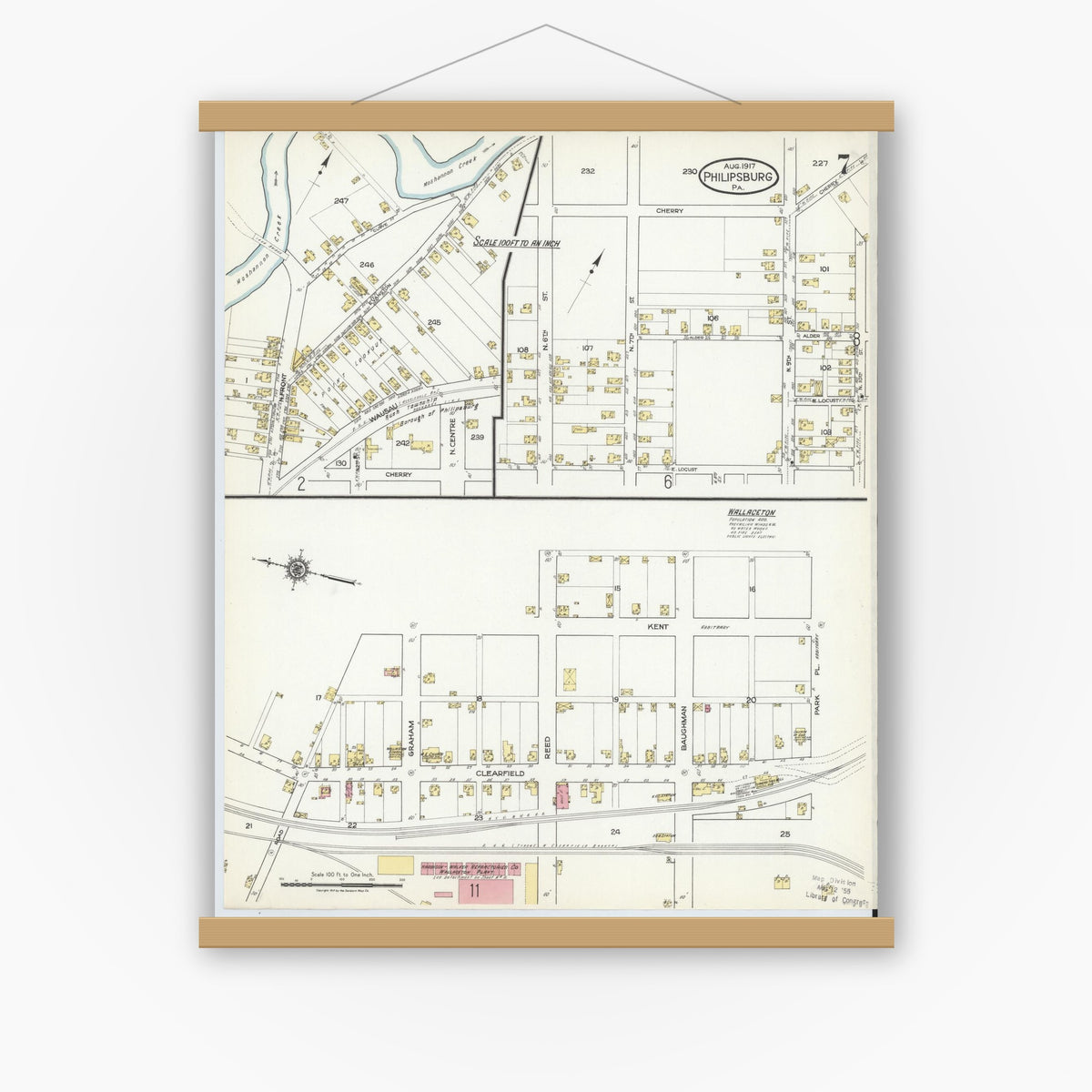 Old map wall art mockup — magnetic wood frame on white wall — Sanborn Fire Insurance Map from Philipsburg, Centre County, Pennsylvania (1917), Sheet #0007