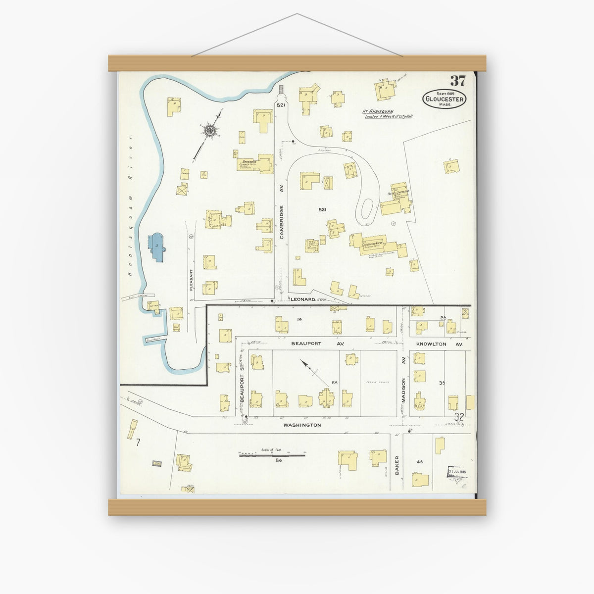 Old map wall art mockup — magnetic wood frame on white wall — Sanborn Fire Insurance Map from Gloucester, Essex County, Massachusetts (1909), Sheet #0037