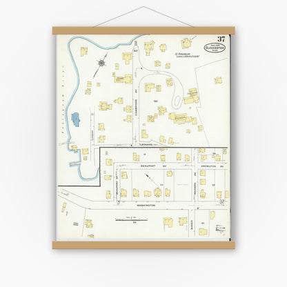 Old map wall art mockup — magnetic wood frame on white wall — Sanborn Fire Insurance Map from Gloucester, Essex County, Massachusetts (1909), Sheet #0037