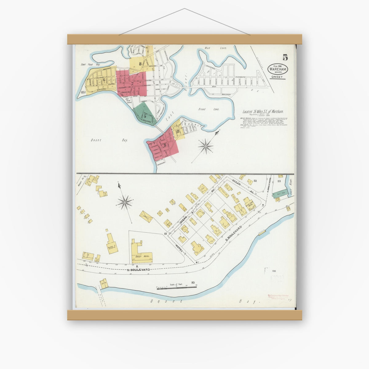 Old map wall art mockup — magnetic wood frame on white wall — Sanborn Fire Insurance Map from Wareham, Plymouth County, Massachusetts (1906), Sheet #0005