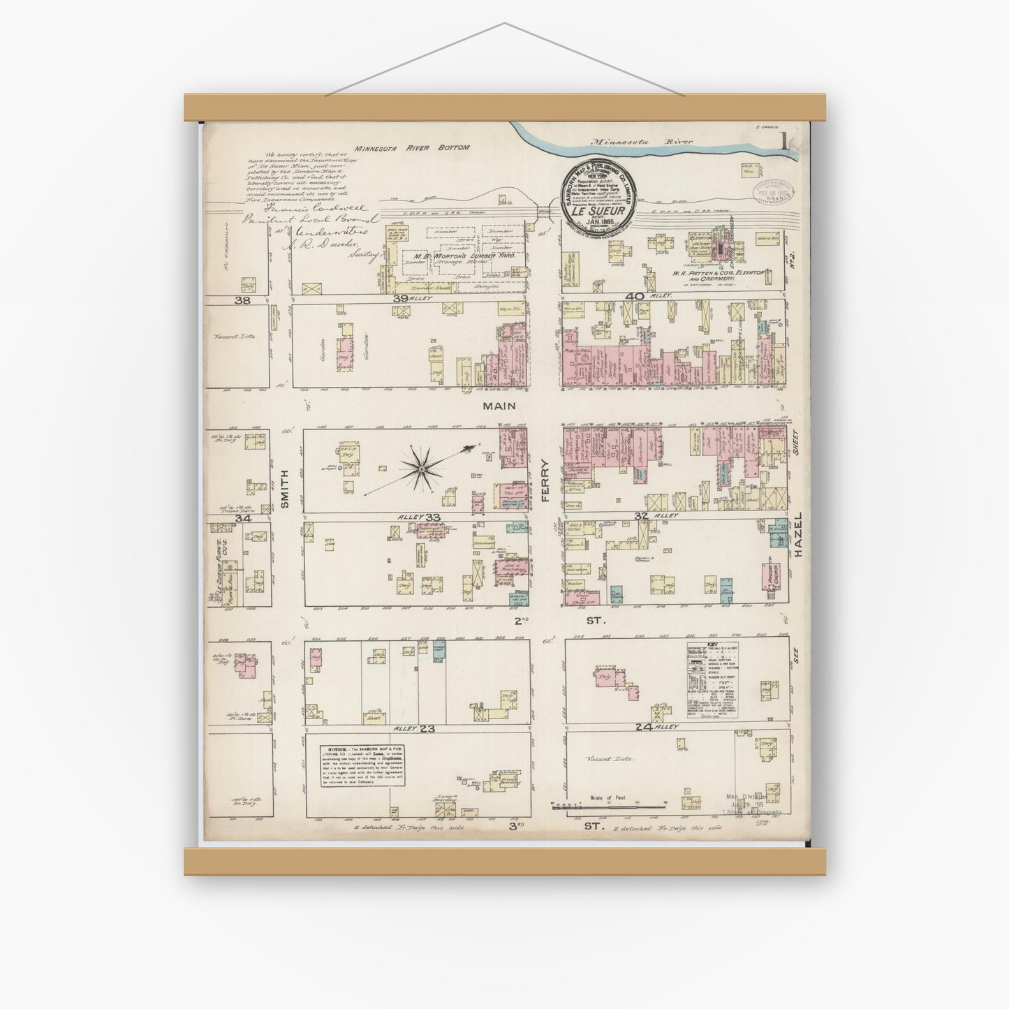 Old map wall art mockup — magnetic wood frame on white wall — Sanborn Fire Insurance Map from Le Sueur, Le Sueur County, Minnesota (1885), Sheet #0001