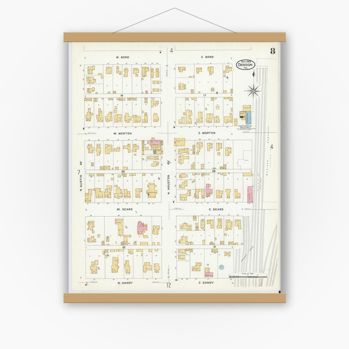 Old map wall art mockup — magnetic wood frame on white wall — Sanborn Fire Insurance Map from Denison, Grayson County, Texas (1908), Sheet #0008