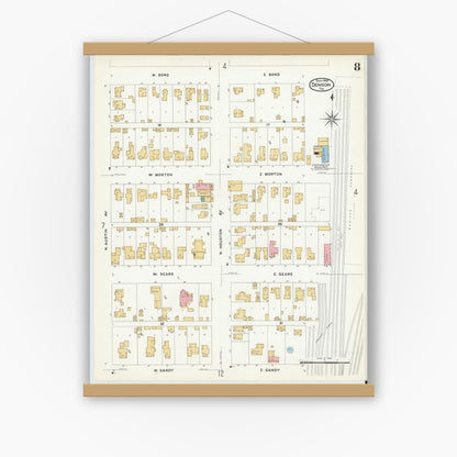 Old map wall art mockup — magnetic wood frame on white wall — Sanborn Fire Insurance Map from Denison, Grayson County, Texas (1908), Sheet #0008