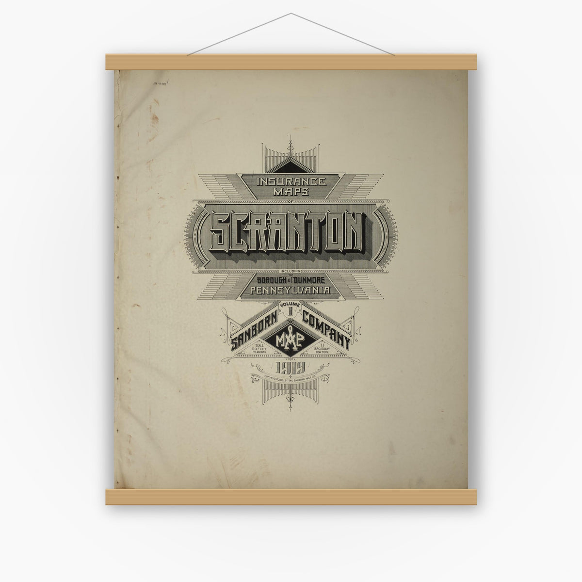 Old map wall art mockup — magnetic wood frame on white wall — Sanborn Fire Insurance Map from Scranton, Lackawanna County, Pennsylvania (1919), Sheet #0001