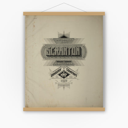 Old map wall art mockup — magnetic wood frame on white wall — Sanborn Fire Insurance Map from Scranton, Lackawanna County, Pennsylvania (1919), Sheet #0001