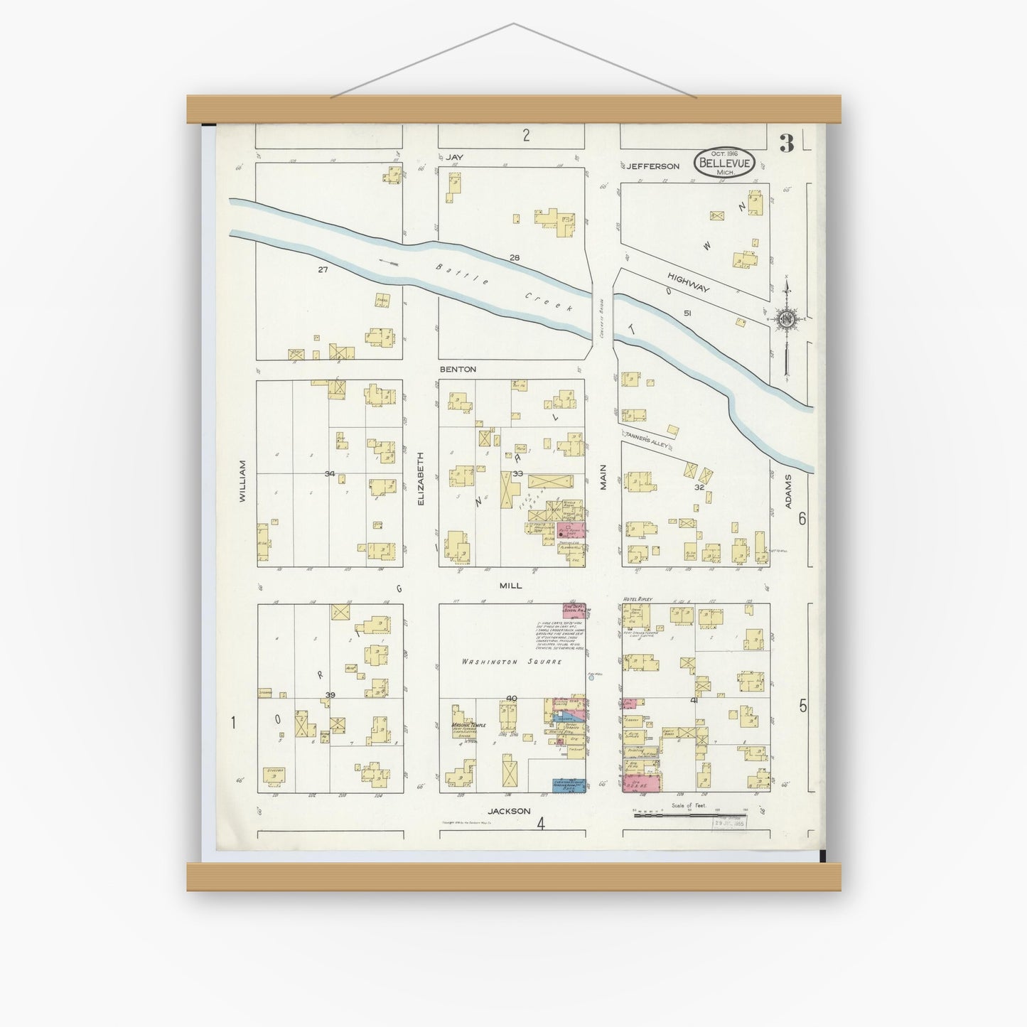 Old map wall art mockup — magnetic wood frame on white wall — Sanborn Fire Insurance Map from Bellevue, Eaton County, Michigan (1916), Sheet #0003