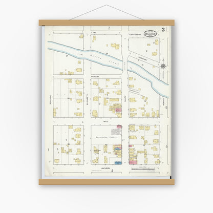 Old map wall art mockup — magnetic wood frame on white wall — Sanborn Fire Insurance Map from Bellevue, Eaton County, Michigan (1916), Sheet #0003