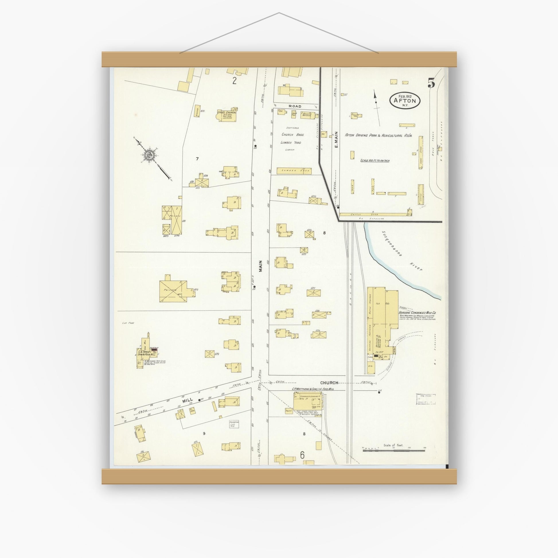 Old map wall art mockup — magnetic wood frame on white wall — Sanborn Fire Insurance Map from Afton, Chenango County, New York (1912), Sheet #0005