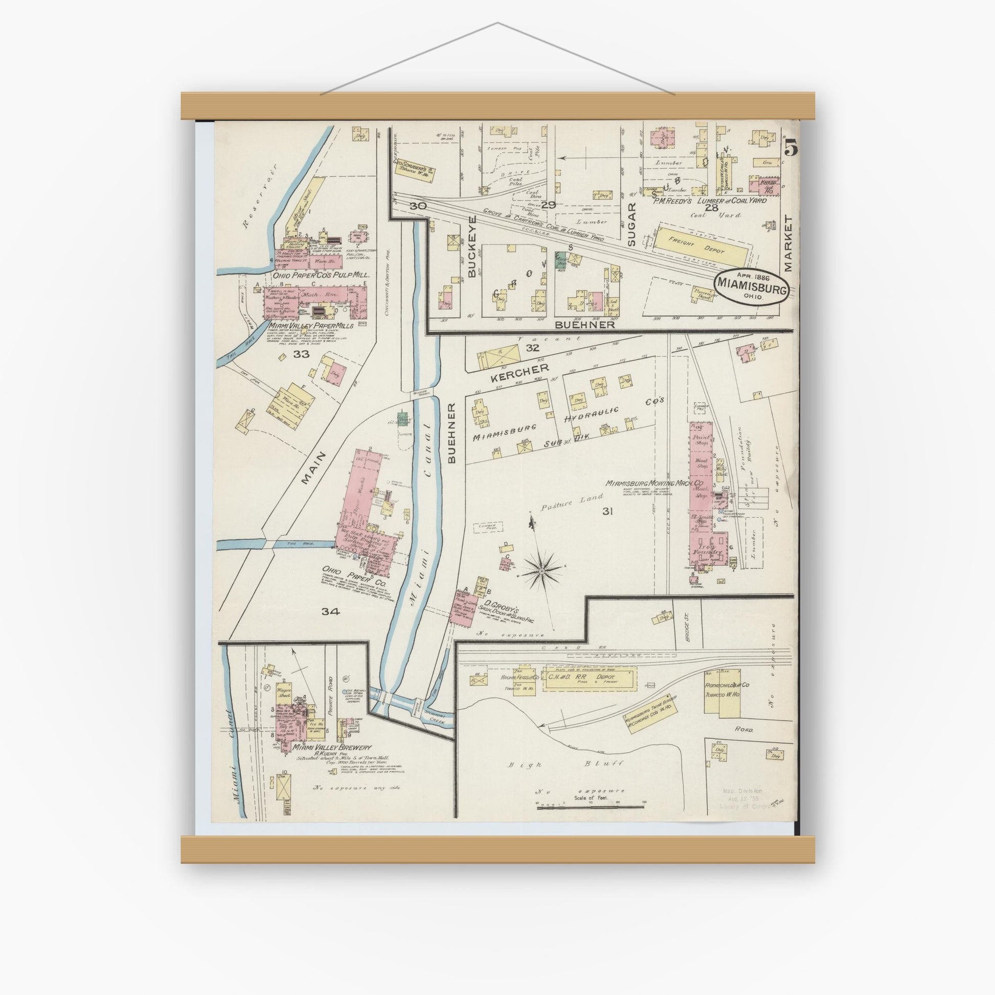 Old map wall art mockup — magnetic wood frame on white wall — Sanborn Fire Insurance Map from Miamisburg, Montgomery County, Ohio (1886), Sheet #0005