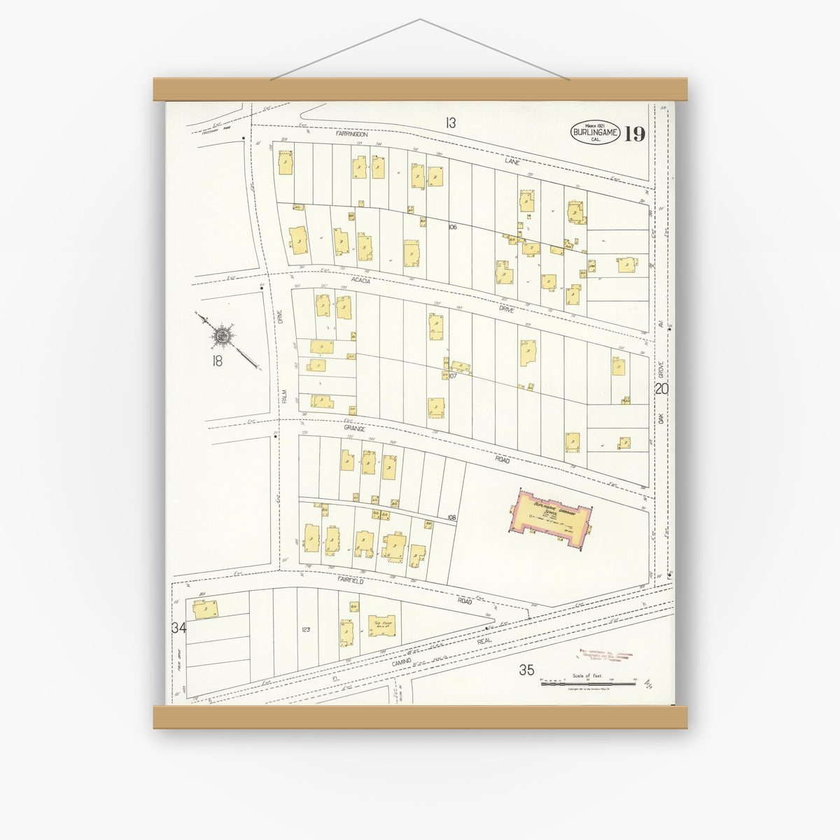 Old map wall art mockup — magnetic wood frame on white wall — Sanborn Fire Insurance Map from Burlingame, San Mateo County, California (1921), Sheet #0019