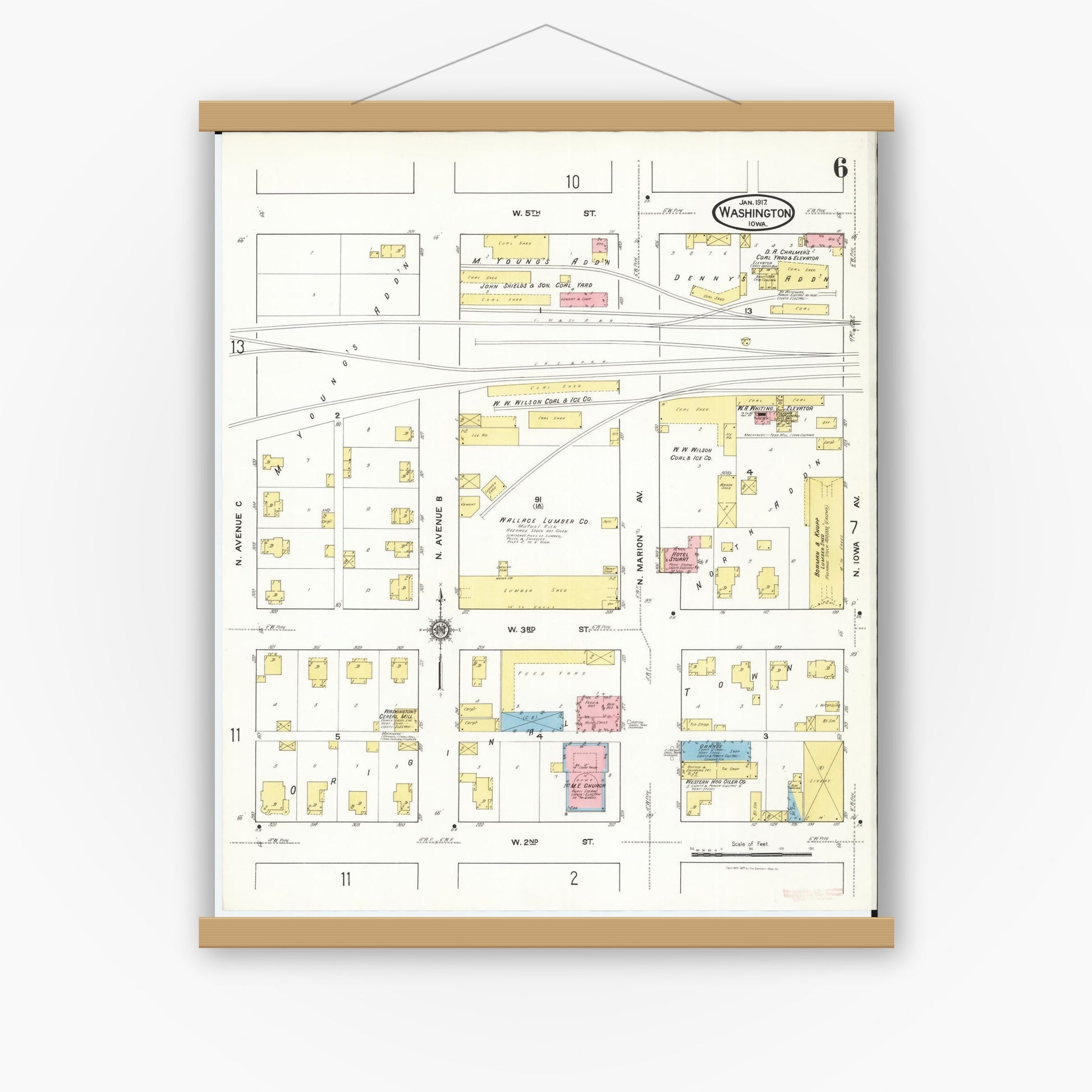 Old map wall art mockup — magnetic wood frame on white wall — Sanborn Fire Insurance Map from Washington, Washington County, Iowa (1917), Sheet #0006
